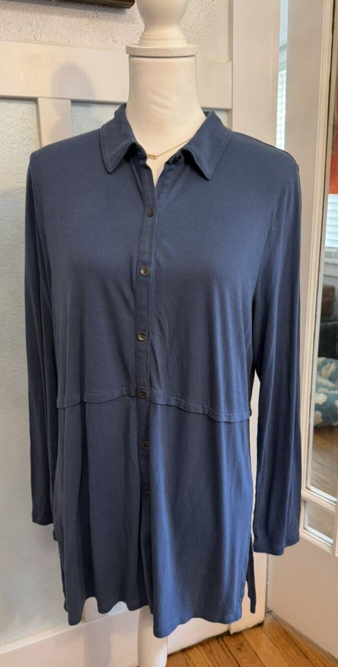 J.Jill Shirt Womens Large Blue Tunic Button 3/4 Sleeve Soft Lightweight Casual